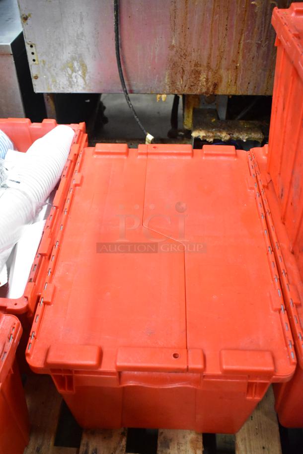 13 red poly bins filled with napkins, cups, and utensils, featuring dedicated holding bin drop-ins. Auction lot multiplies bid by 13.