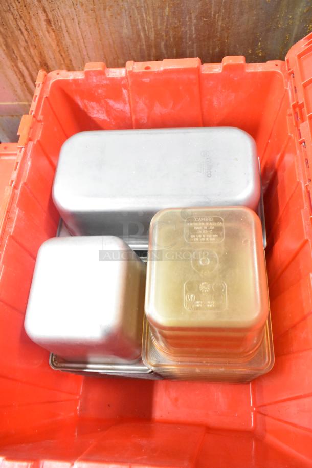 13 red poly bins with contents including napkins, dedicated holding bin drop-ins, cups, and utensils.