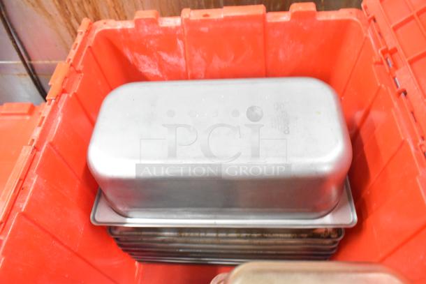 13 red poly bins with contents including napkins, holding bin drop-ins, cups, utensils. Each bin enhances your bid.