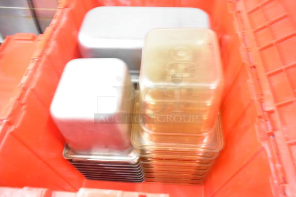 13 red poly bins filled with napkins, cups, utensils, and holding bin drop-ins, auctioned at 13 times your bid.