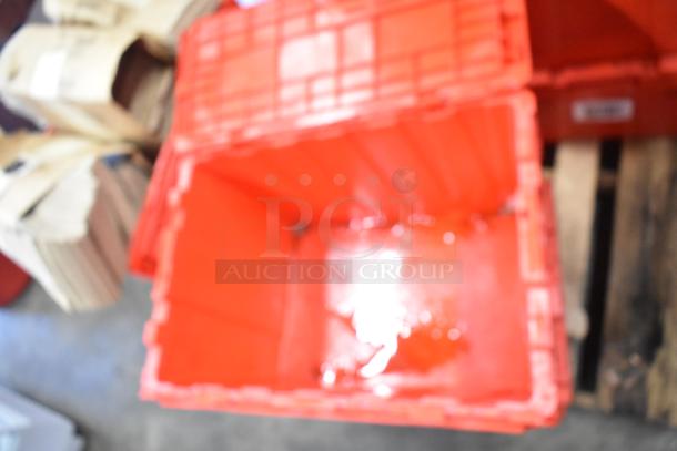 Set of 13 red poly bins containing napkins, drop-ins, cups, and utensils. Durable storage, perfect for organizing.