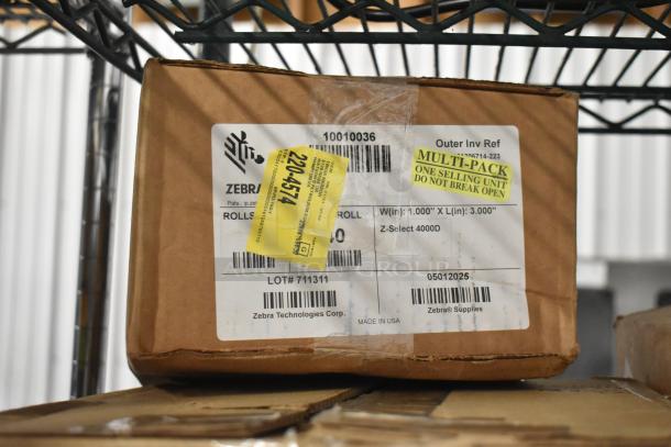 Box of Zebra 10010036 labels, Z-Select 4000D, Made in USA, multi-pack with yellow tag, item MJ-2-7x9 PNSM20012.