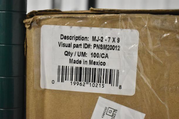 Box with label for MJ-2-7x9 PNSM20012, Qty/UM: 100/CA, made in Mexico, barcode visible. Item part of 5-item auction.
