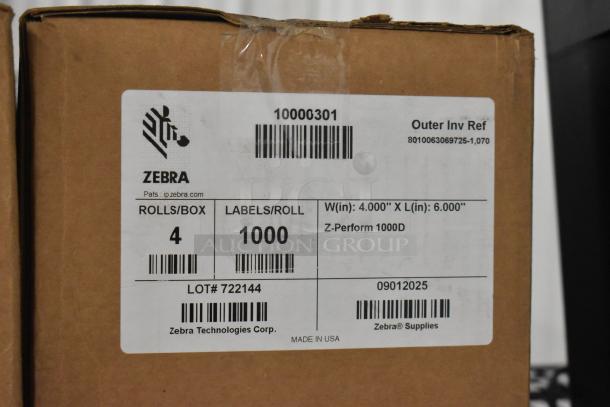 Zebra 10010036 Labels, 4 rolls per box, 1000 labels per roll, size 4"x6", Z-Perform 1000D, Lot# 722144, Made in USA.