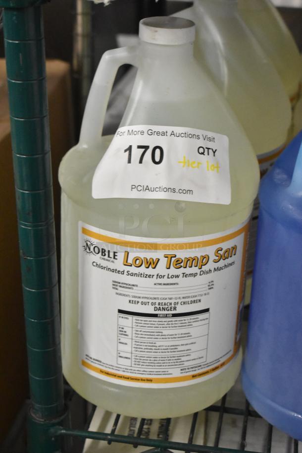 Noble Low Temp San sanitizer for dish machines, gallon jug with label detailing chlorine sanitizer use. Part of tier lot.