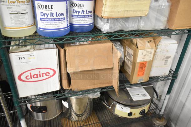 Tier lot of various items on a shelf, including Noble Chemical bottles, Claire disinfectant box, and boxed kitchen equipment.