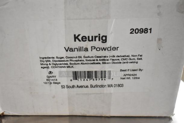Keurig Vanilla Powder box, 12 lbs, ingredients listed, best by APR2424, Burlington MA address visible on label.