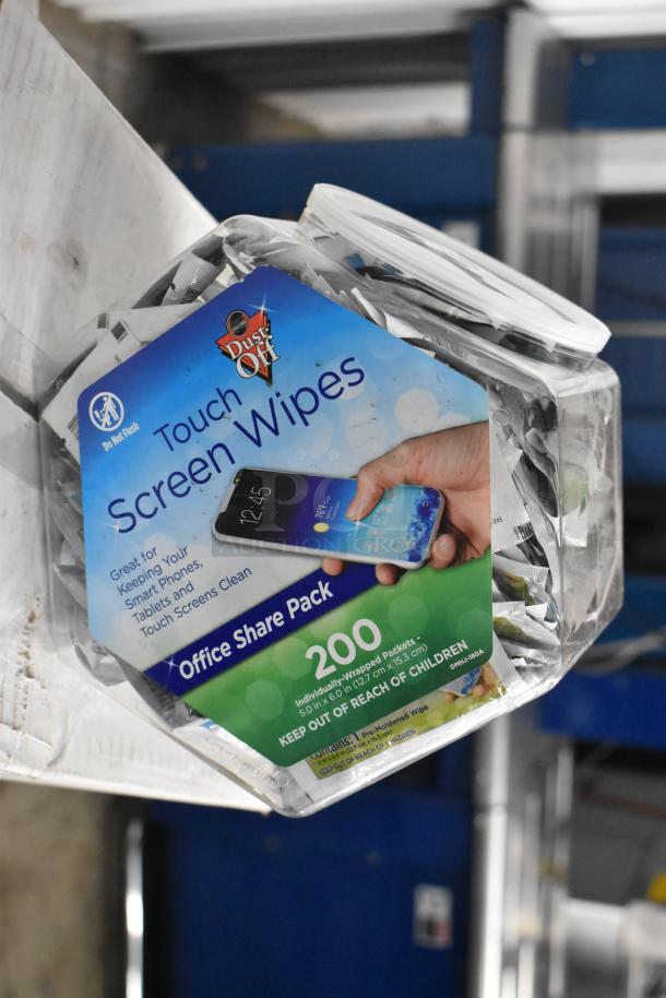 Dust-Off Touch Screen Wipes Office Pack, 200 count; sealed container; ideal for smart devices; visible label instructions.