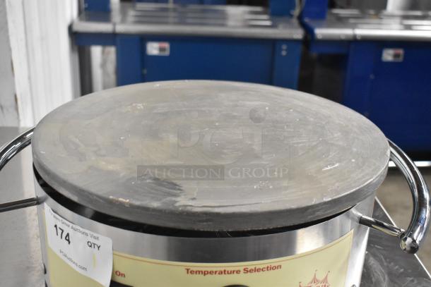 2023 Carnival King 382CMPT16M 16" round portable steel crepe maker, featuring 208/240 volts, 1 phase, with visible labeling.