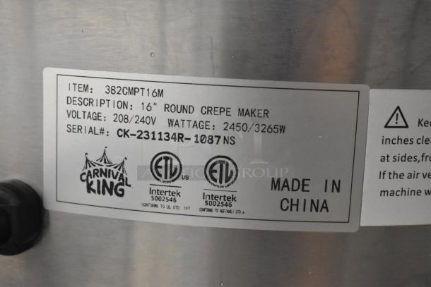 2023 Carnival King 382CMPT16M 16" Crepe Maker label, 208/240V, 2450/3265W, serial CK-231134R-1087NS, made in China.