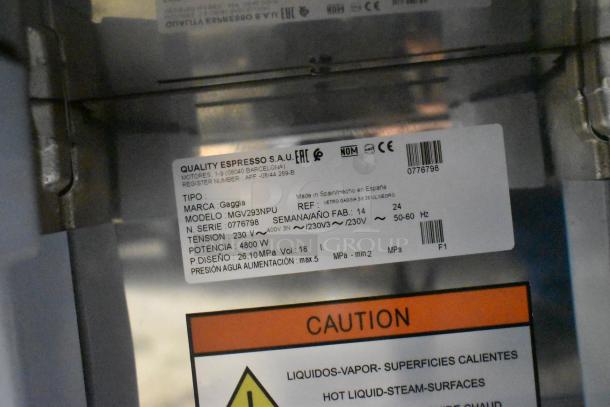 BRAND NEW SCRATCH AND DENT! Gaggia MGV293NPU Vetro Black 3 Group Automatic Espresso Machine, 220/230V, 1 Phase, label close-up.