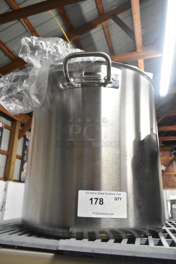 Alt text: Vollrath 3513 Optio 53 Qt. stainless steel stock pot with cover, brand new with slight scratches and dents. Label shows item 178.