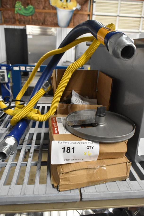 6 new items including Robot Coupe E8 S5/16 slicing blade, Sioux Chief 870-6 steel cleanout cover, gas hose, and brass adapter.