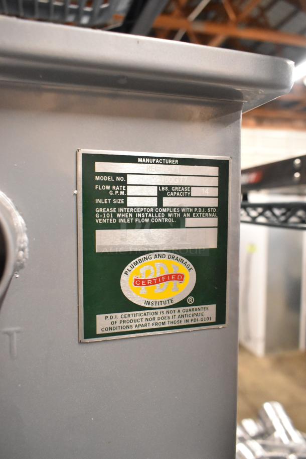 BRAND NEW Regency 600GT7 grease trap, PDI certified, 14 lb. capacity, 7 GPM, non-threaded connections, minor scratches.