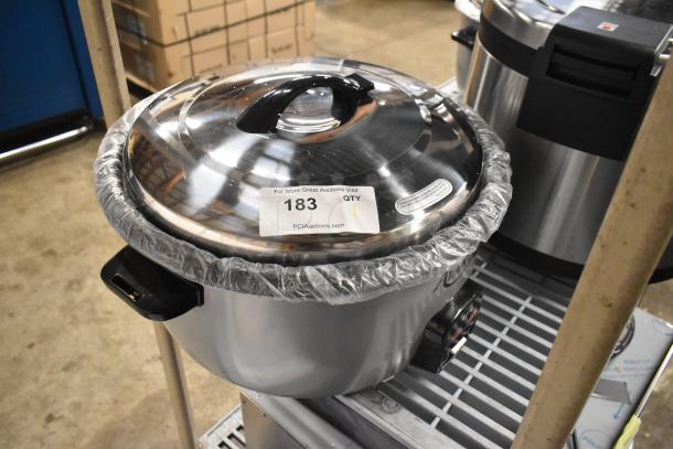 Brand new Avantco 177RCB60 60-cup electric rice cooker and warmer with removable lid, stainless steel finish, model 177RCB60.