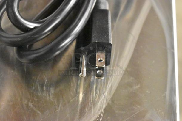 Brand new Avantco 177RCB60 electric rice cooker power cord, visible scratches on steel surface. 120V, 1 Phase.