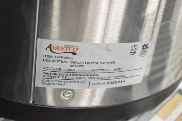 Avantco 177RWB92 rice warmer, 92 cup capacity, sealed lid, 120V, 103W. Label includes caution and serial no. 2000934. Brand new.