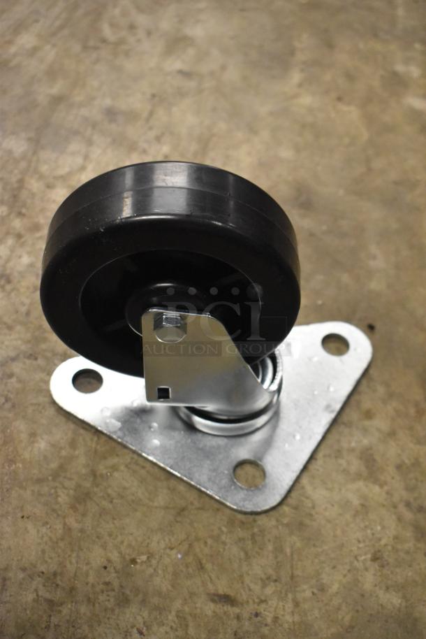 Brand new casters, metal base, black wheel, slight scratches, lot of 4. Suitable for furniture or equipment mobility.