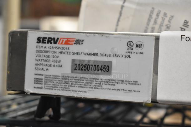 BRAND NEW ServIt 423HSW2048 48" Stainless Steel Heated Shelf Warmer. 120V, 768W. Label shows model, serial, and voltage details.