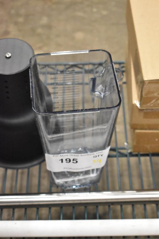 Four brand new kitchen items including two Fourté 483SMP48 stainless steel paddles, Carlisle 4035300 Sparta 48" white nylon paddle with polypropylene handle, and a poly blender pitcher. Label shows quantity 4.