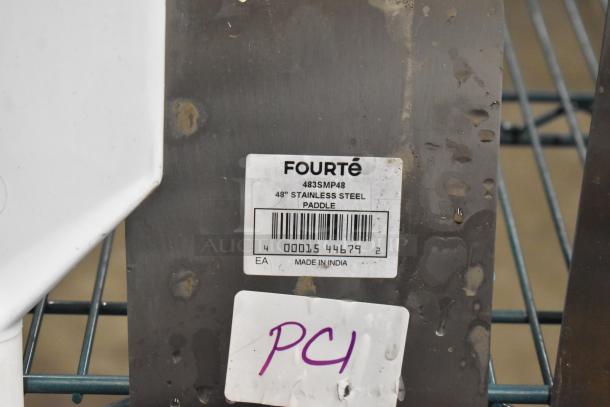 Fourté 483SMP48 48" stainless steel paddle label, showing barcode and "Made in India" marking, minor surface scratches.