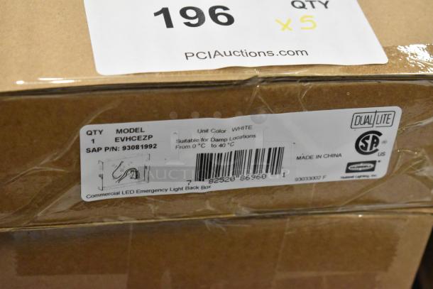 Box of 5 new DualLite EVHCEZP LED Emergency Light Back Boxes, labeled for damp locations, with barcodes and specifications visible.