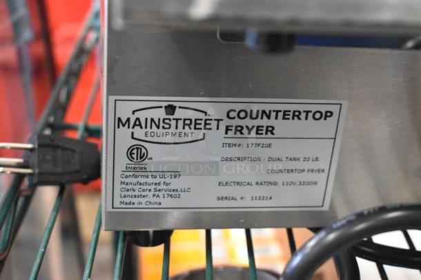 Mainstreet 177F20E dual tank electric fryer label, 20 lb. capacity, 110V, ETL certified, serial #112214.