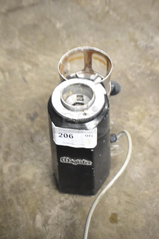 Magister M MD LA espresso bean grinder base, no hopper, commercial countertop model, 115V, used condition, auction label "206."