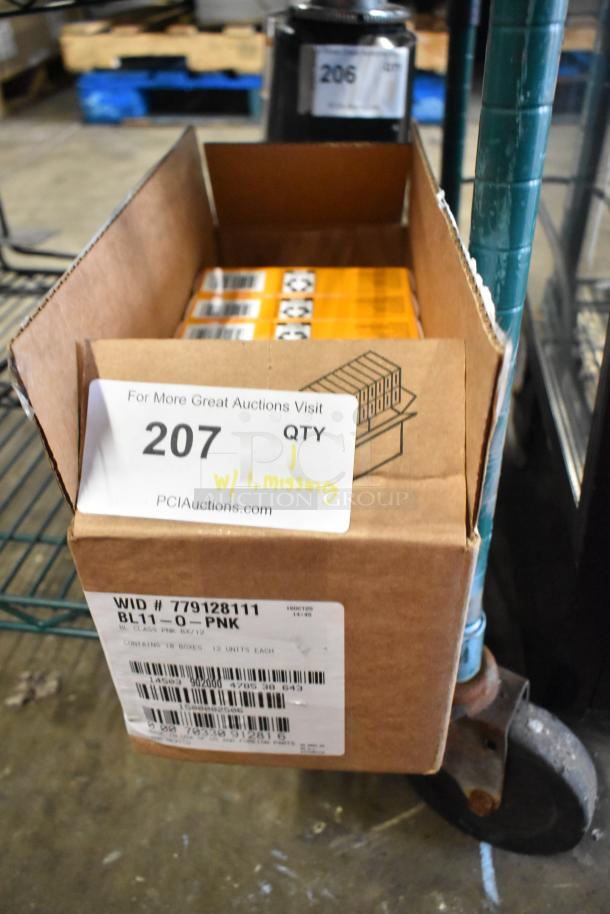 Case of 7 boxes BIC Brite Liner highlighters, one missing. Box label reads BL11-O-PNK, 12 units each. Auction tag 207.
