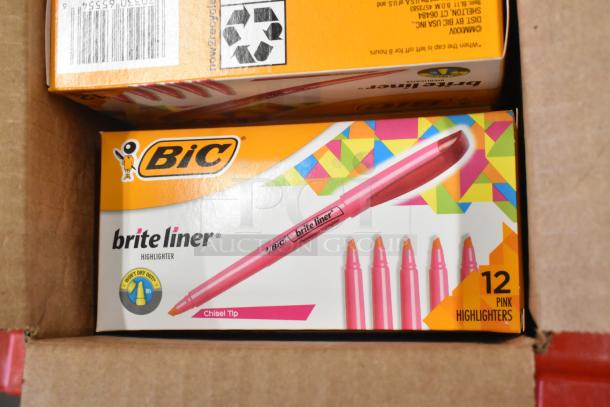 Box of BIC Brite Liner highlighters, 12 pink, chisel tip, new condition, visible recycling symbol and brand logo.