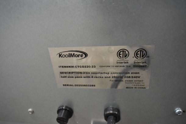 KoolMore KM-CTCO220-23 countertop convection oven label, 208/240V, 2800W, for half-size pans, contains 4 racks.