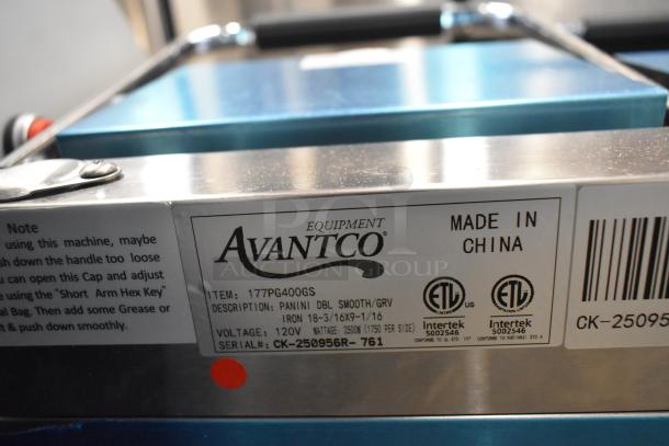 Avantco 177PG400GS dual panini grill with grooved top, smooth bottom, 19 5/8"x9 1/8" surface, 120V, new condition.