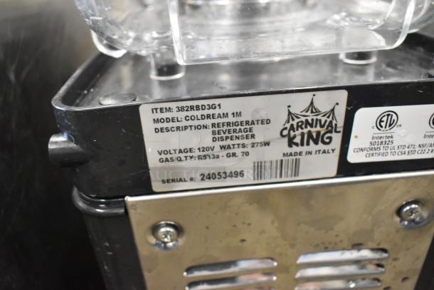 Carnival King 382RBD3G1 beverage dispenser label, 120V, 275W, serial #24053496, ETL and NSF certified, made in Italy.