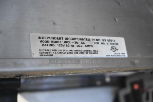 3' Independent INCL-36-SS stainless steel hood, 120V, 1 phase. Features model info and rating label.