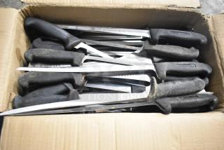 Box of 120 sharpened stainless steel knives with black handles, including a fillet knife. Knives lie inside a cardboard box.