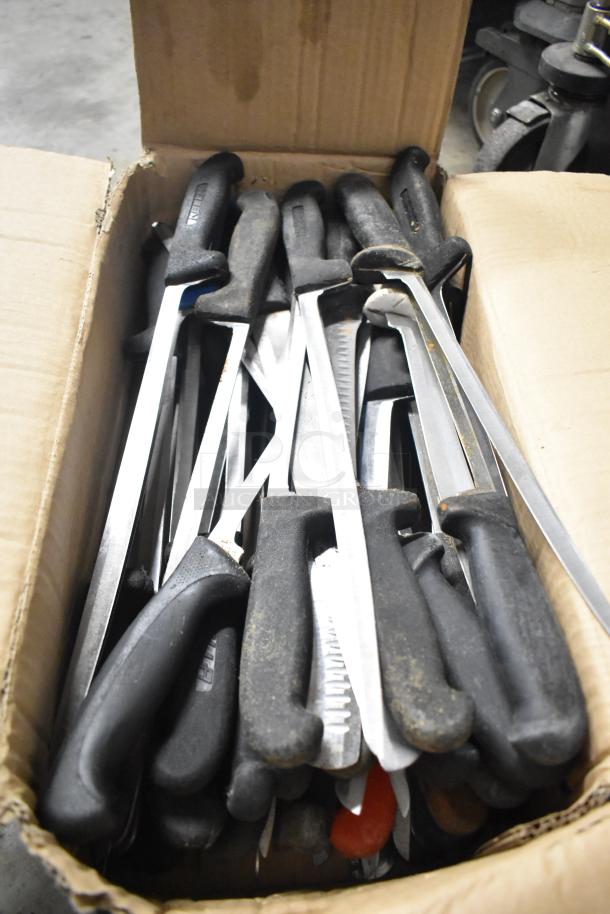 Box of 120 sharpened stainless steel knives, including fillet knives, with black handles.