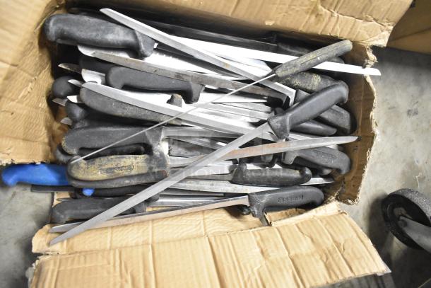 Box of 120 sharpened stainless steel knives with black handles, including one fillet knife. Used condition.