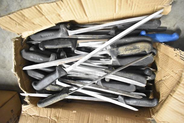 Box of 120 sharpened stainless steel knives, includes fillet knives. Features black handles. Used condition, cardboard box.