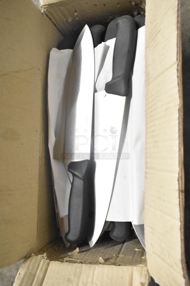 Box of 80 sharpened stainless steel knives, including chef knife. Black handles, ready for use. Great bulk auction item.