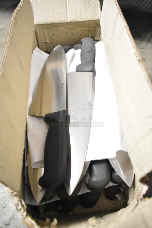 Box of 80 sharpened stainless steel knives, including chef knives, with black handles and visible "Fine Chef" marking.