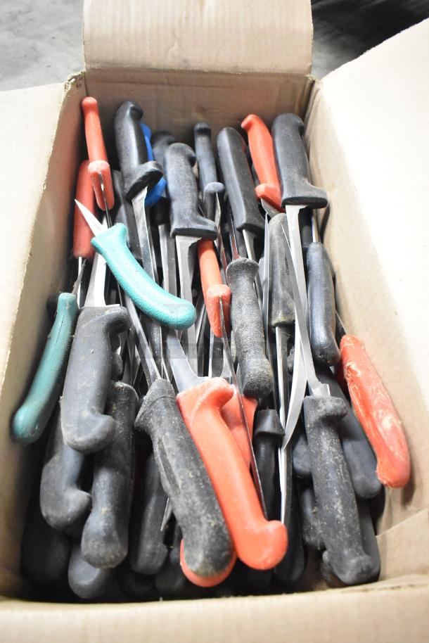 Box of 180 sharpened stainless steel knives with varied handles, including chef, filet, and poultry knives.