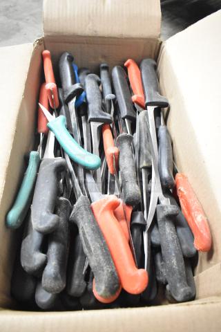 Box of 180 sharpened stainless steel knives with varied handles, including chef, filet, and poultry knives.