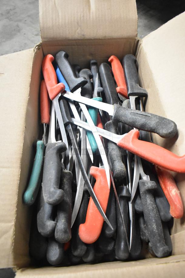 Box of 180 sharpened stainless steel knives, including chef, filet, and poultry knives, with assorted handles.