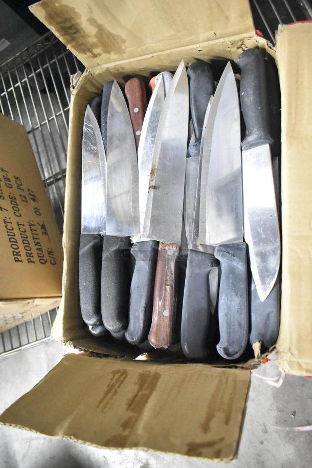 Box of 180 sharpened stainless steel knives, includes chef, filet, and poultry knives. Handle variety.