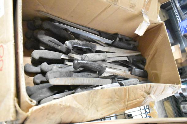 Cardboard box of 120 stainless steel sharpened knives, includes filet knife, black handles, slightly worn, ideal for bulk bidding.