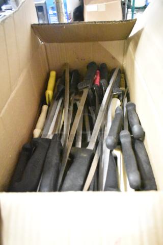 Box of 60 sharpened stainless steel knives, varied styles, including filet knife, black plastic handles, good condition.