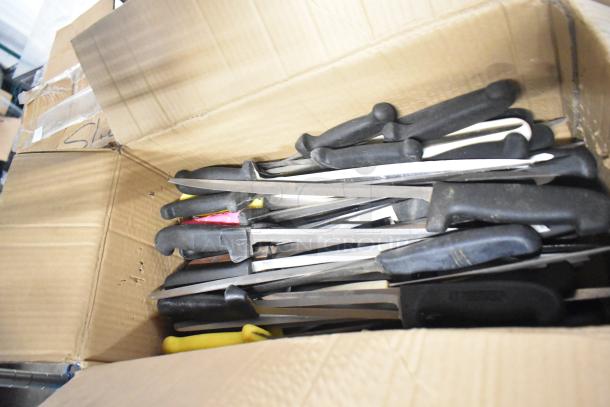 Box of 60 sharpened stainless steel knives with black and colorful handles, including a filet knife.