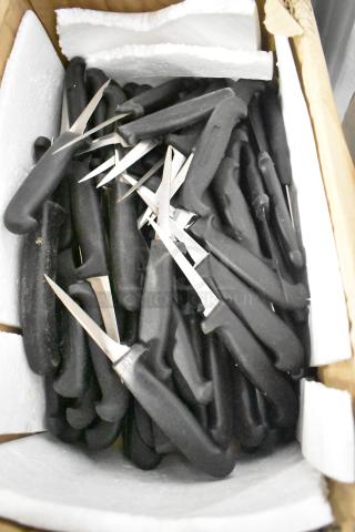 Box of 58 stainless steel items with black handles, including sharpened pizza cutters, dough and paring knives.