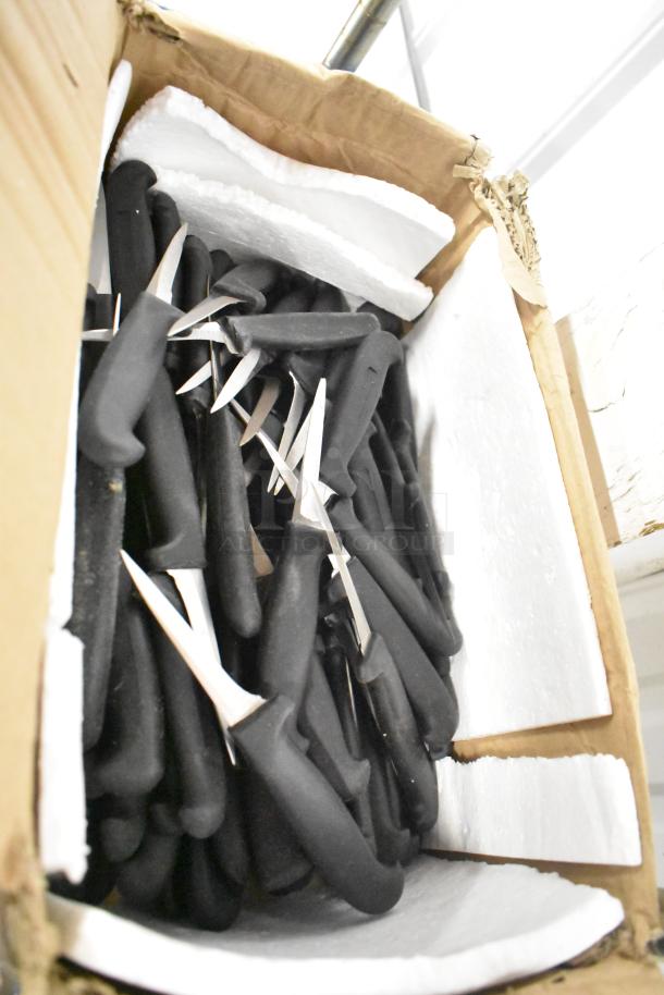 Box of 58 sharpened stainless steel items, including pizza cutters and paring knives, with black handles.