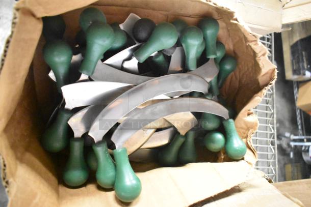 Box of 200 sharpened stainless steel knives with green handles, including filet, serrated, and rocking cutter types.